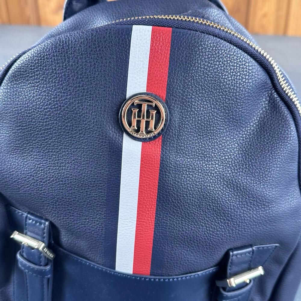 Tommy Hilfiger Leather Backpack Blue Striped Mini Day Bag 12x10x4 EUC - Picture 2 of 11